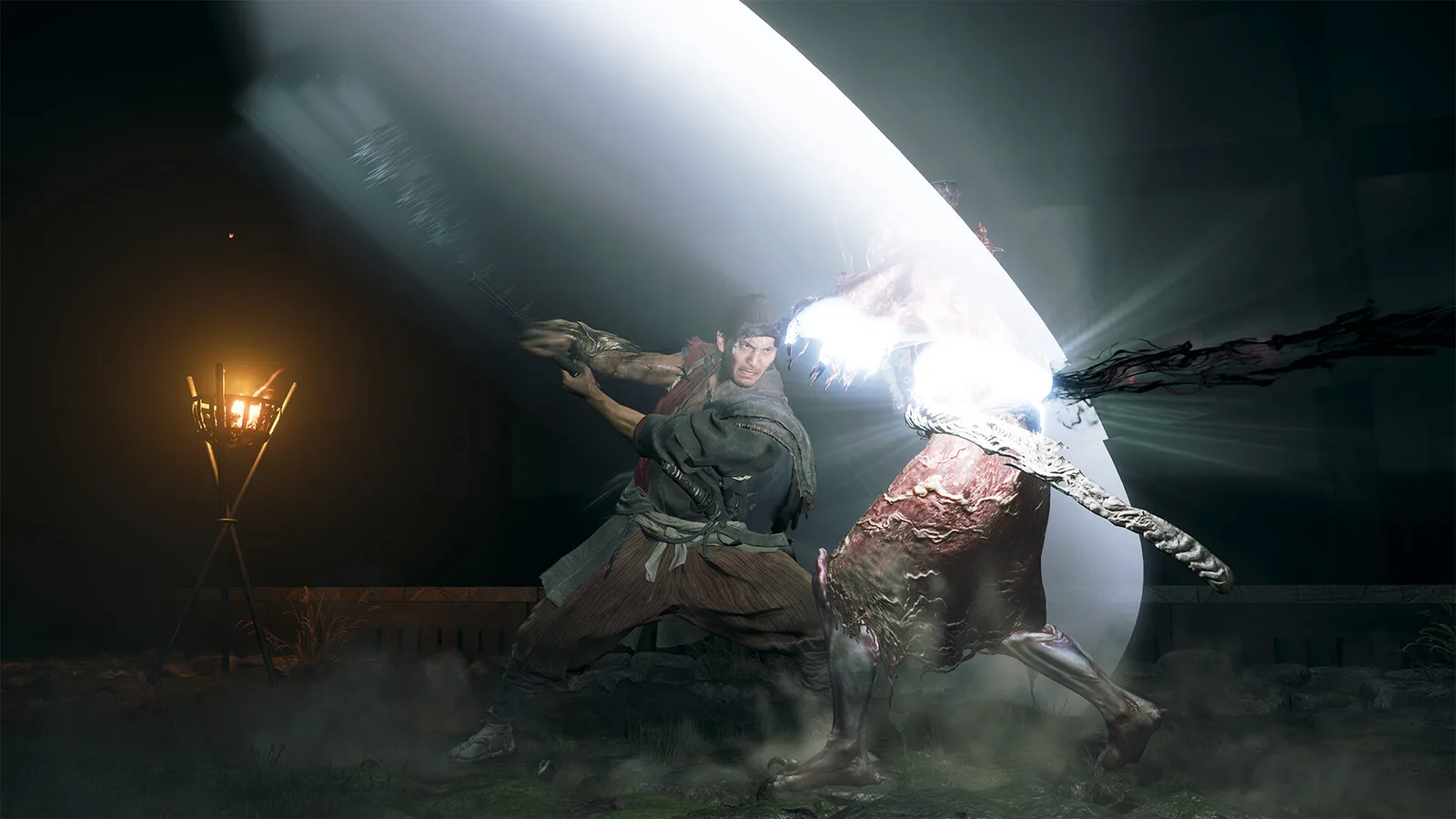 Miyamoto Musashi cuts through a Genma with a bright sword strike.