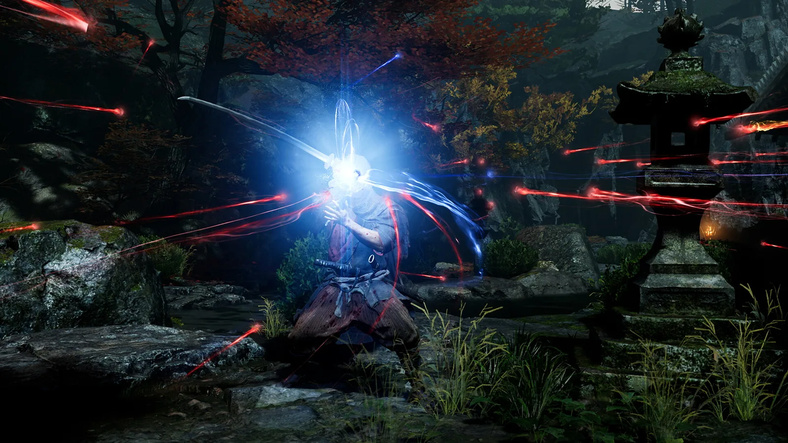 Miyamoto Musashi absorbs red and blue souls in a wooded shrine area.
