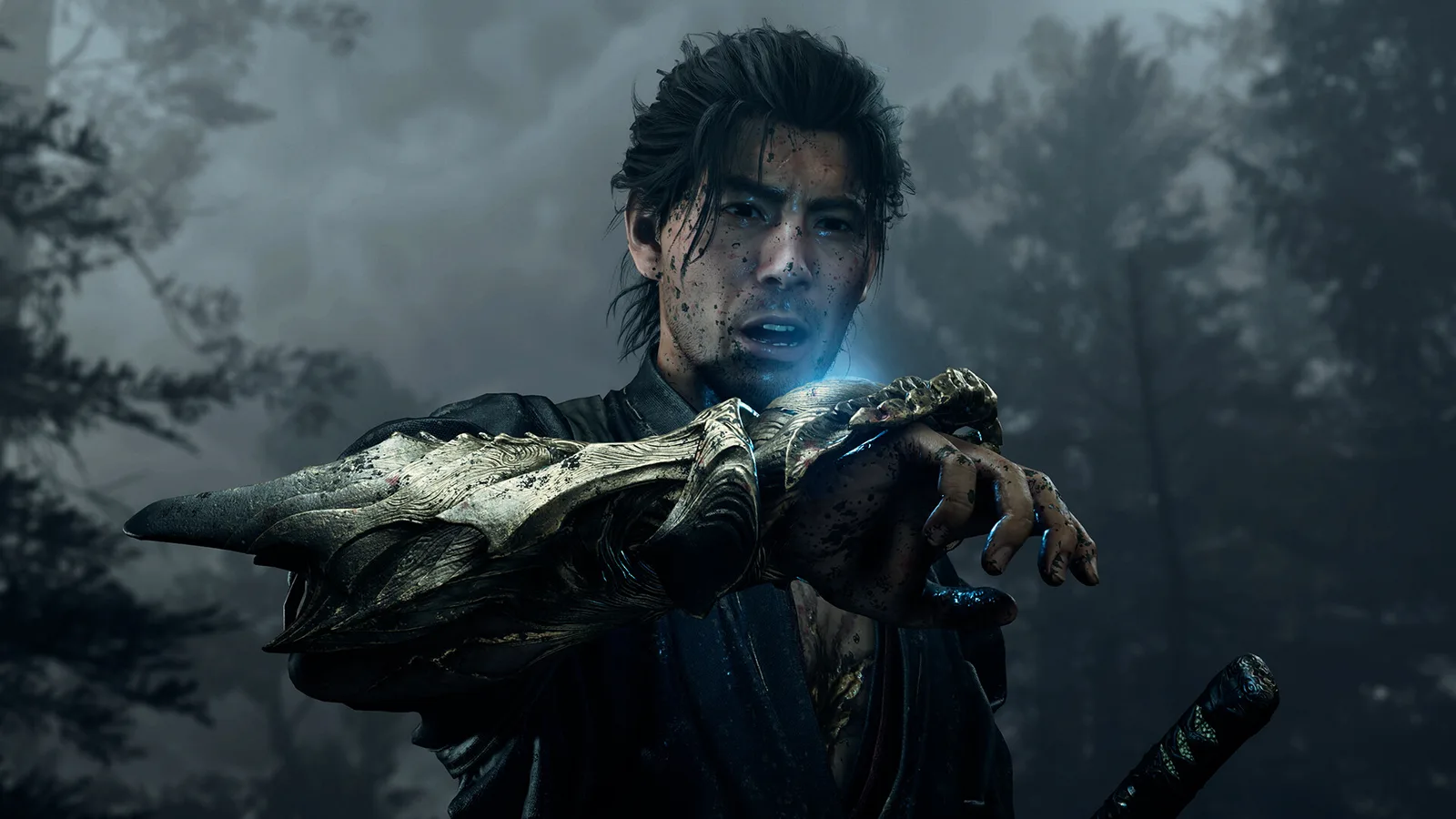 Miyamoto Musashi raises the ornate Oni Gauntlet in front of him.